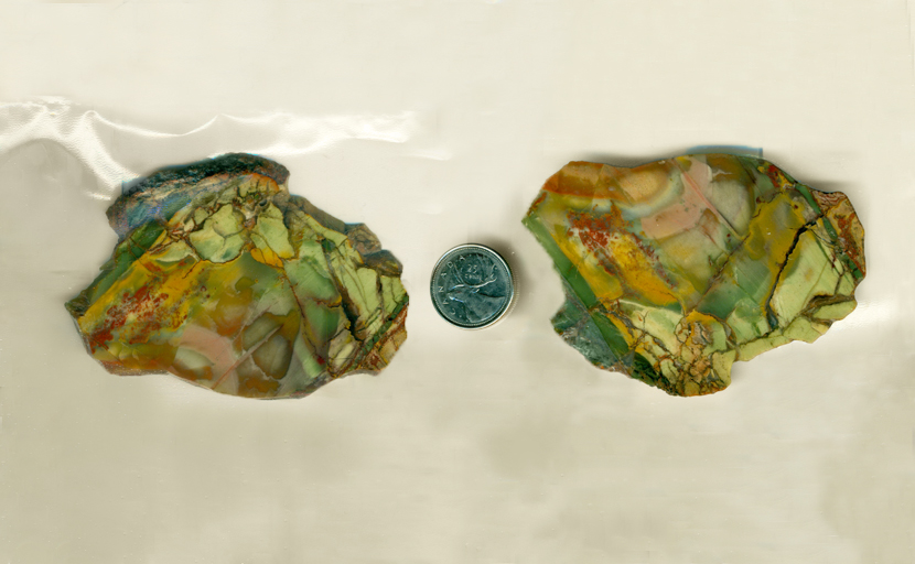 Two sides of a slab of Morrisonite Jasper, patterned with orange, green, yellow, pink and red. 