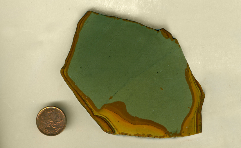 A bright, scenic jasper slab from Idaho, with green sky and golden ground.