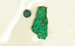 A bright green, blue and red slab of Chrysocolla from Arizona, patterned like leaves and ponds.