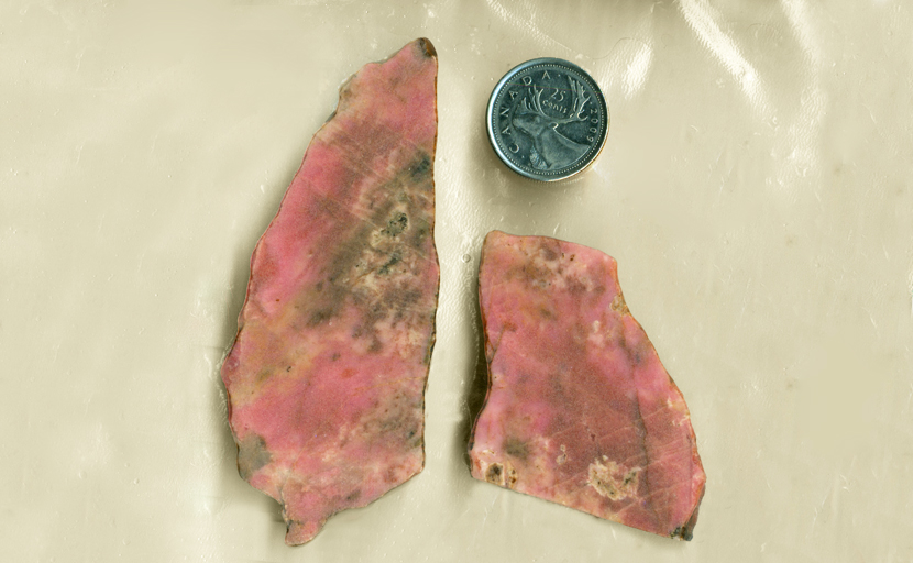 2 slabs of strong pink Australian Rhodonite, with traces of white and gray.