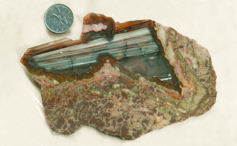 White lines in star-shaped agate, enclosed in green, orange and purple rhyolite.