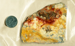 Red, yellow and blue slab of Orbicular Rhyolite from Queretara, Mexico, full of patterned circles.