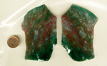 Two Pink and Green Moss Agate slabs, both colors smeared diagonally across the surface along with a few white stars.