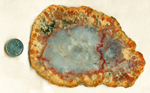 Yellow, orange and red flares within and around a blue center in a slab of Cisco Agate from Utah.