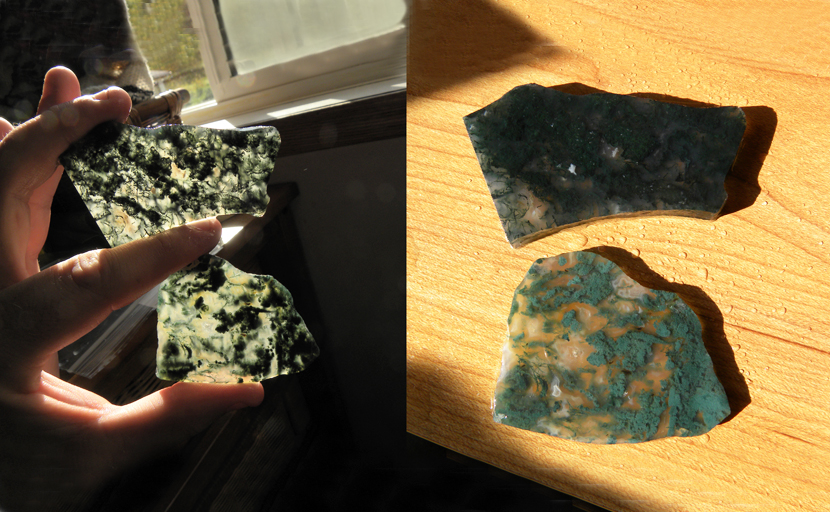 Floating green web inclusions in 2 clear slabs of Green Moss Agate from India.