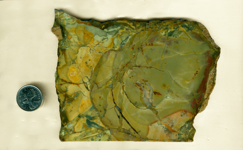 Large green, blue, red, yellow and orange slab of Morrisonite (Morrison Ranch Jasper) from Oregon.