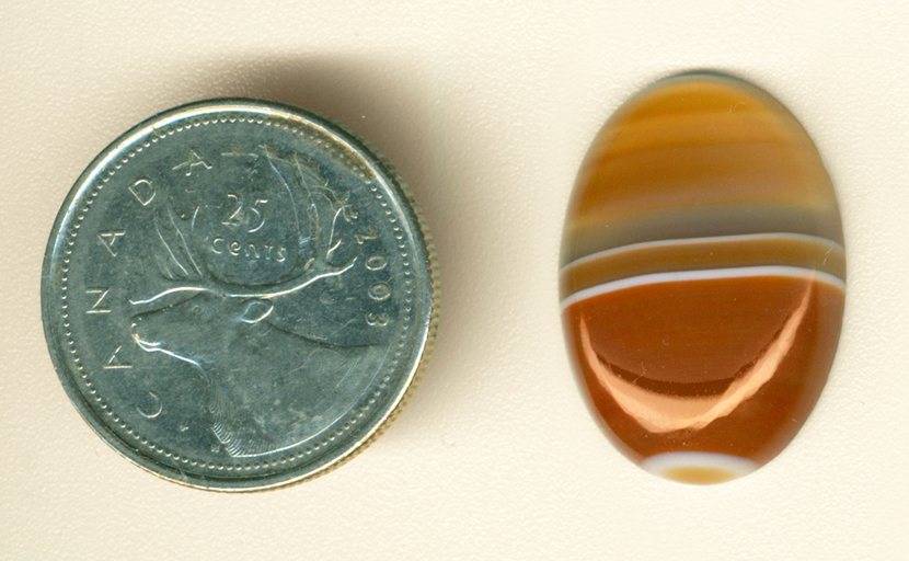 Orange and coffee colors separated by horizontal white lines in a cabochon of Uruguay Agate.