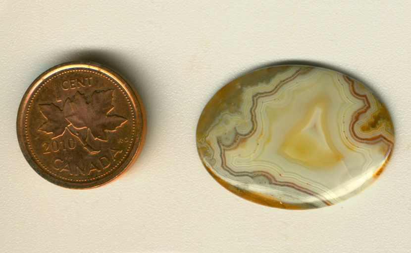 Calibrated polished oval Fairburn Agate cabochon from Nebraska or South Dakota, with a red-lined fortification, dots and brown and yellow.