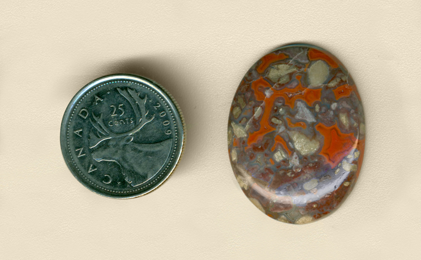 A calibrated polished cabochon of Glendo Fortification Agate from Glendo, Wyoming, with orange fortification patters on a blue, purple and white brecciated background.