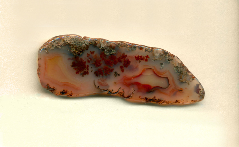 A freeform Coyamito Agate from Mexico, with red dendrites and at least two red fortification patterns, all under a layer of green moss.