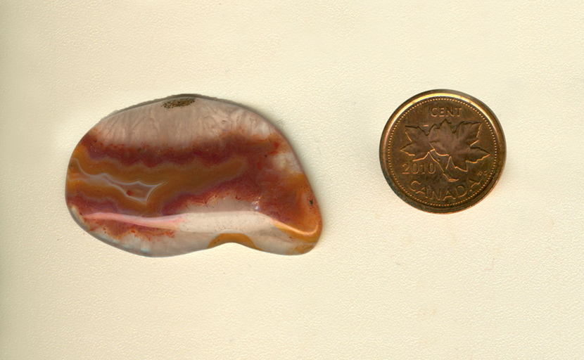Freeform polished Coyamito Agate cabochon, clear with a red and purple covered yellow fortification in the center.