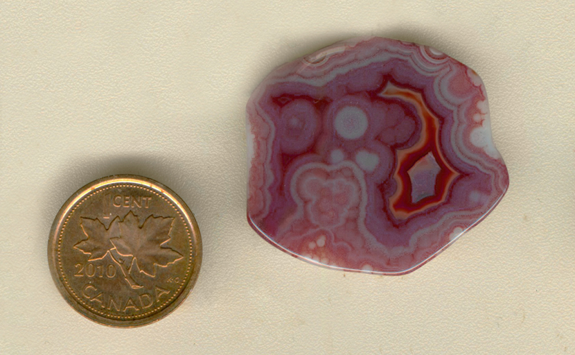Freeform polished Laguna Agate from Mexico, with circular and cloud patterns of yellow, pink, purple, red and violet.