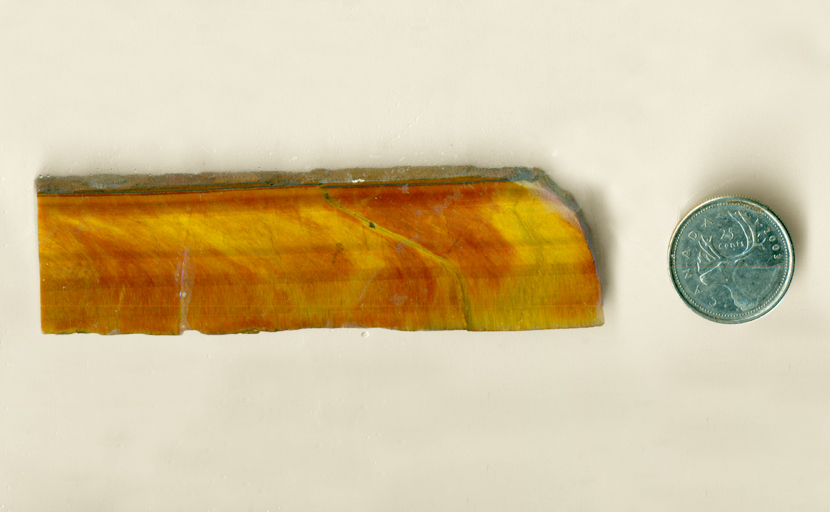 Red and gold slab of Tiger's-eye, with chatoyancy all across its length.