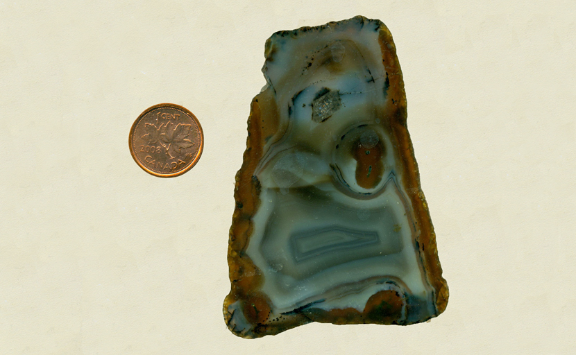 A slab of Agate from India, with blue agate, including swirling and fortification patterns, within a shell of brown.