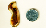 Freeform polished Montana Agate cabochon, with reddish-brown swirls running over a yellow background.