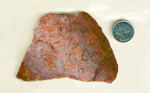 Bright orange and pink flecks in a bluish slab of Mexican Confetti Agate.