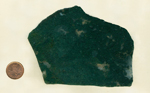 A slab of Green Moss Agate from India, filled with dense green moss patterns and with a blue fortification pattern in the lower right hand corner.